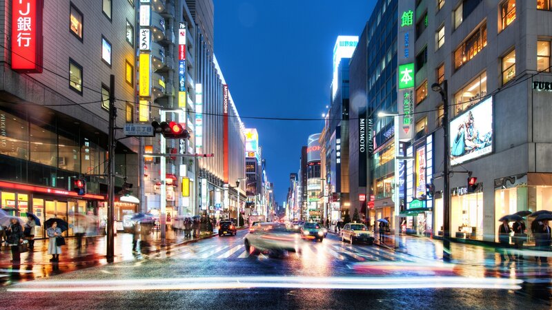 Rainy City Street at Night — Blue, Dramatic, Photograph