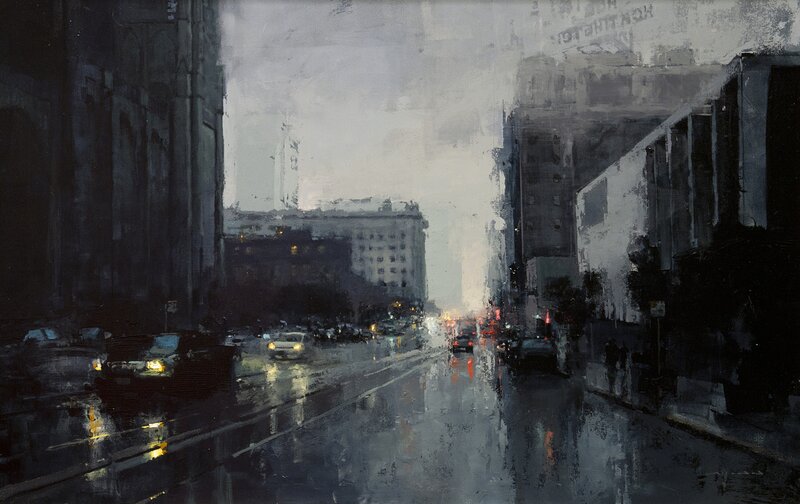 Rainy City Street at Night — Gray, Moody