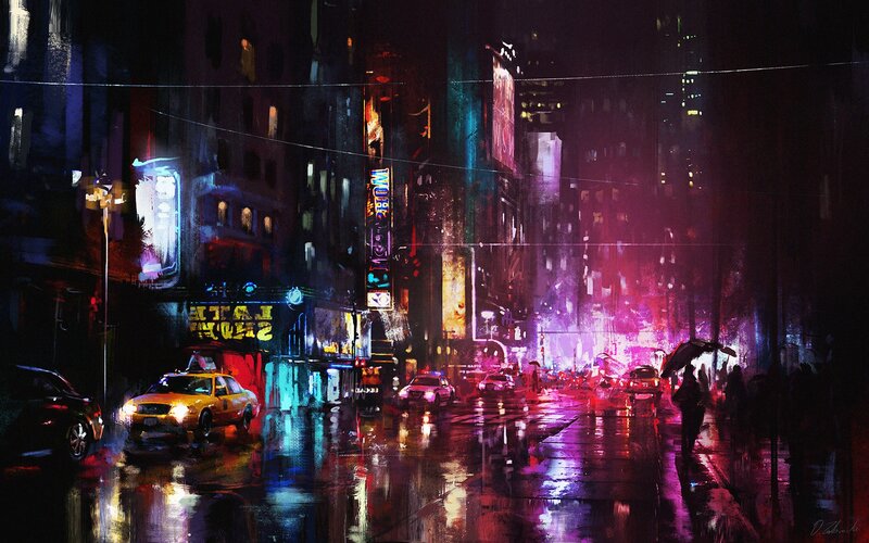 Rainy City Street at Night — Purple, Dramatic