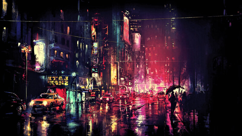 Rainy City Street at Night — Red, Dramatic, Digital Art