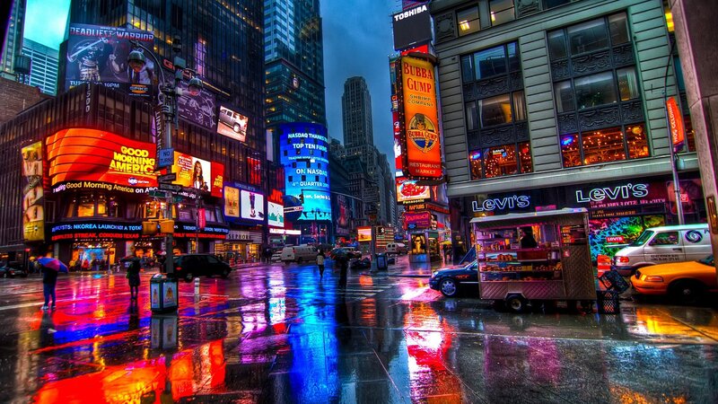 Rainy City Street at Night — Red, Dramatic, Photograph, Billboards