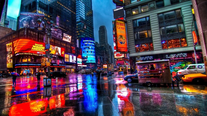 Rainy City Street at Night — Red, Dramatic, Photograph