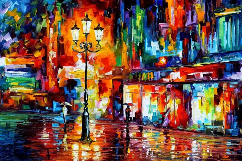 Rainy City Street at Night — Red, Vibrant
