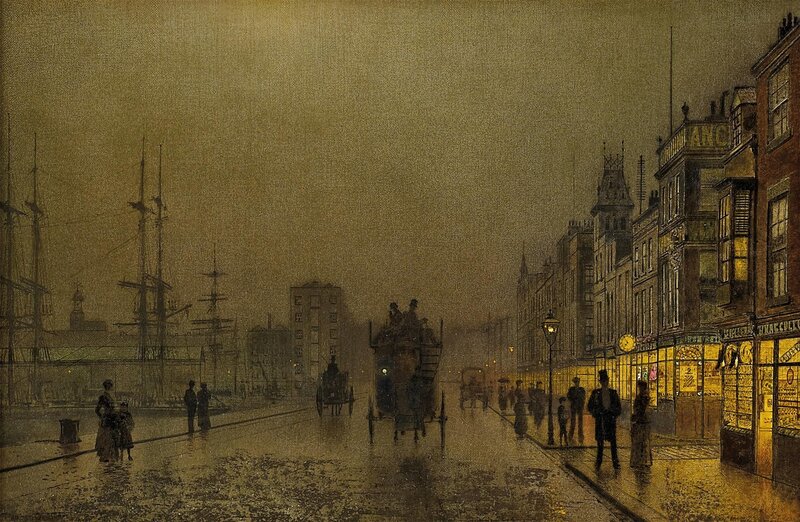 Rainy City Street at Night — Yellow, Dramatic, Painting, Buildings