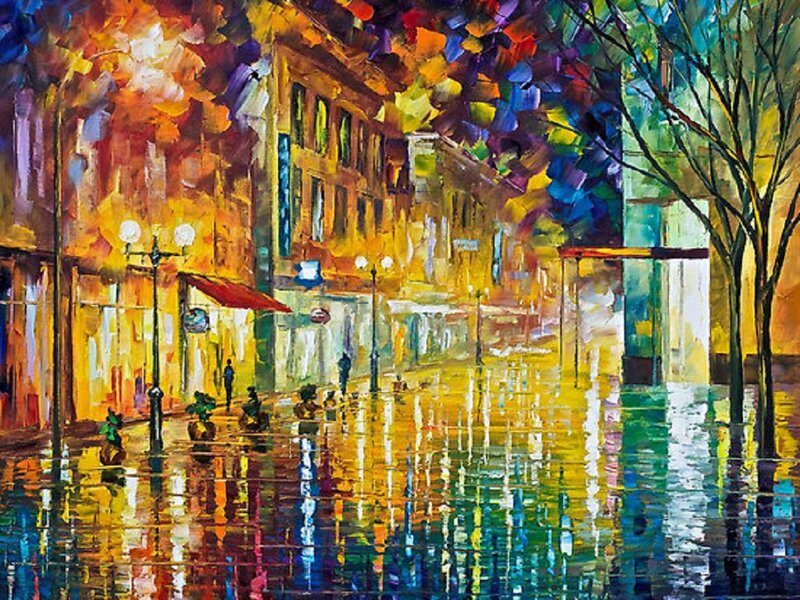 Rainy City Street at Night — Yellow, Vibrant