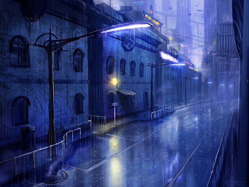 Rainy City Street — Blue