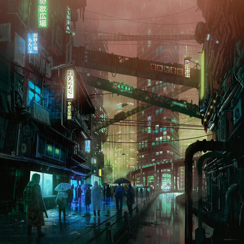 Rainy City Street — Green, Dramatic, Night