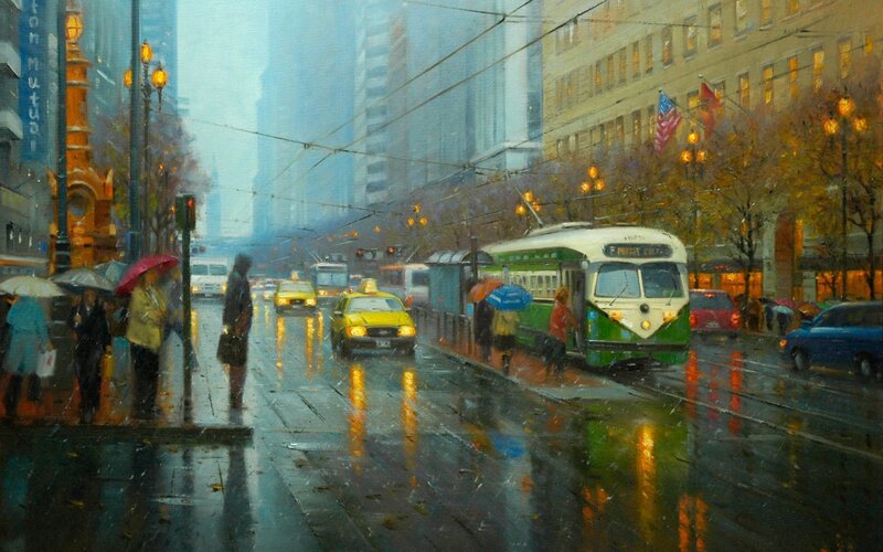 Rainy City Street — Green, Dramatic