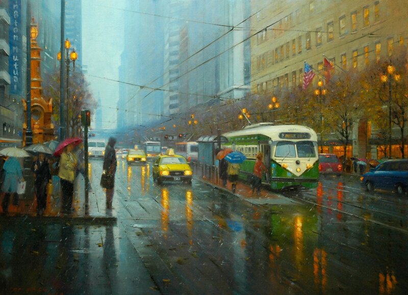 Rainy City Street — Green