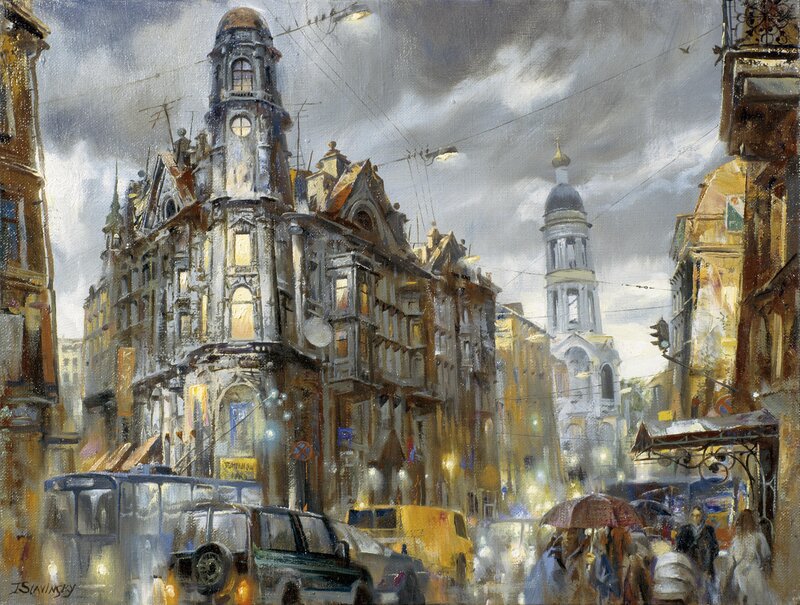 Rainy City Street Scene — Gray, Dramatic, Afternoon, Painting, Buildings
