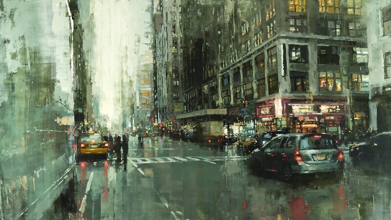 Rainy City Street Scene — Gray, Dramatic