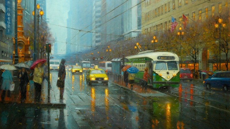 Rainy City Street Scene — Green, Dramatic