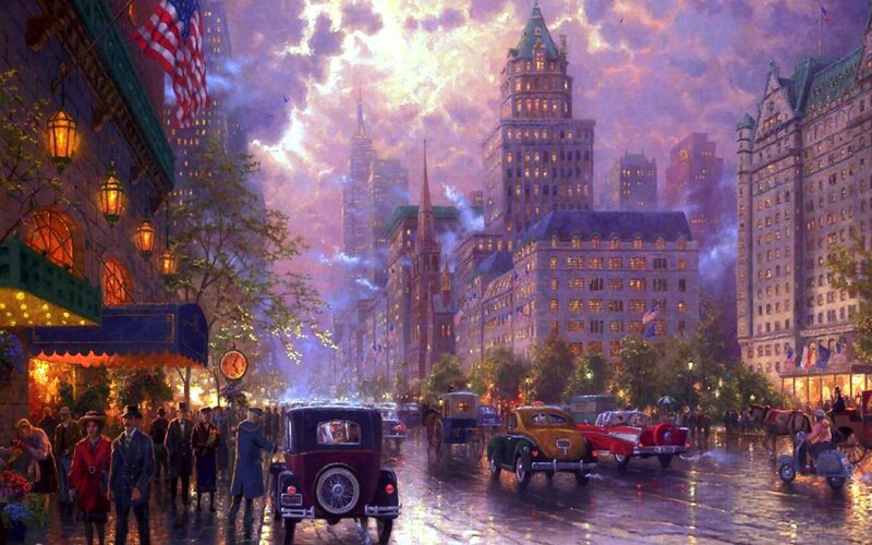 Rainy City Street Scene — Purple