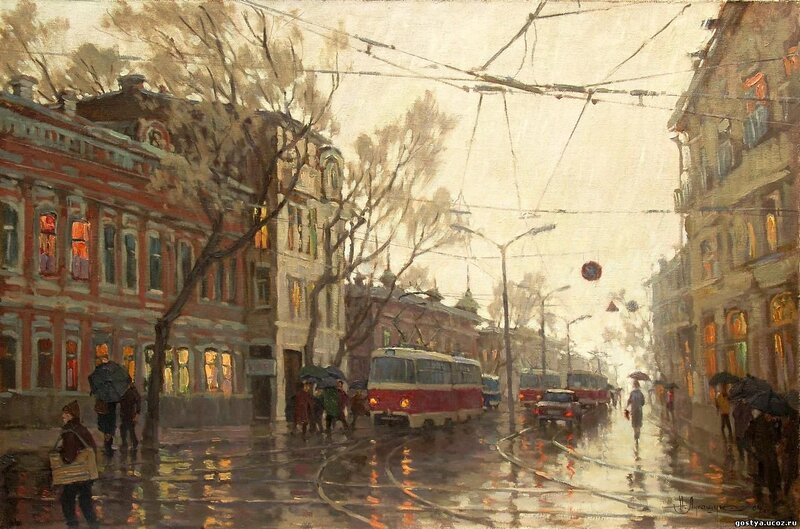 Rainy City Street Scene — Red