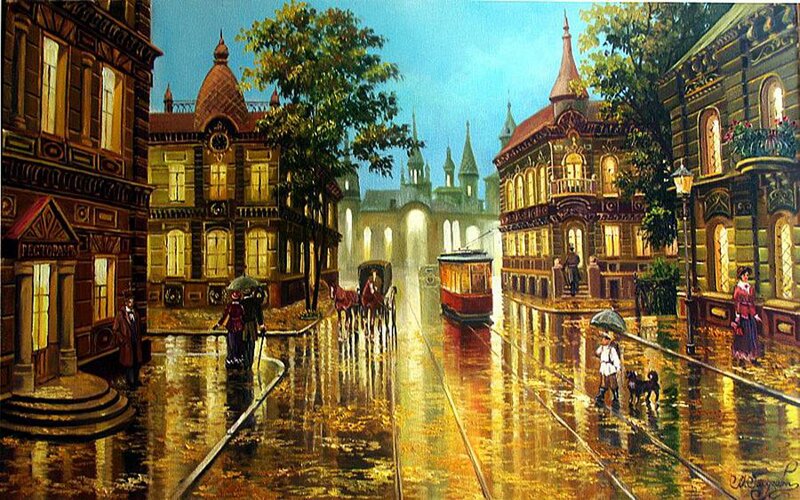 Rainy City Street Scene — Yellow, Dramatic
