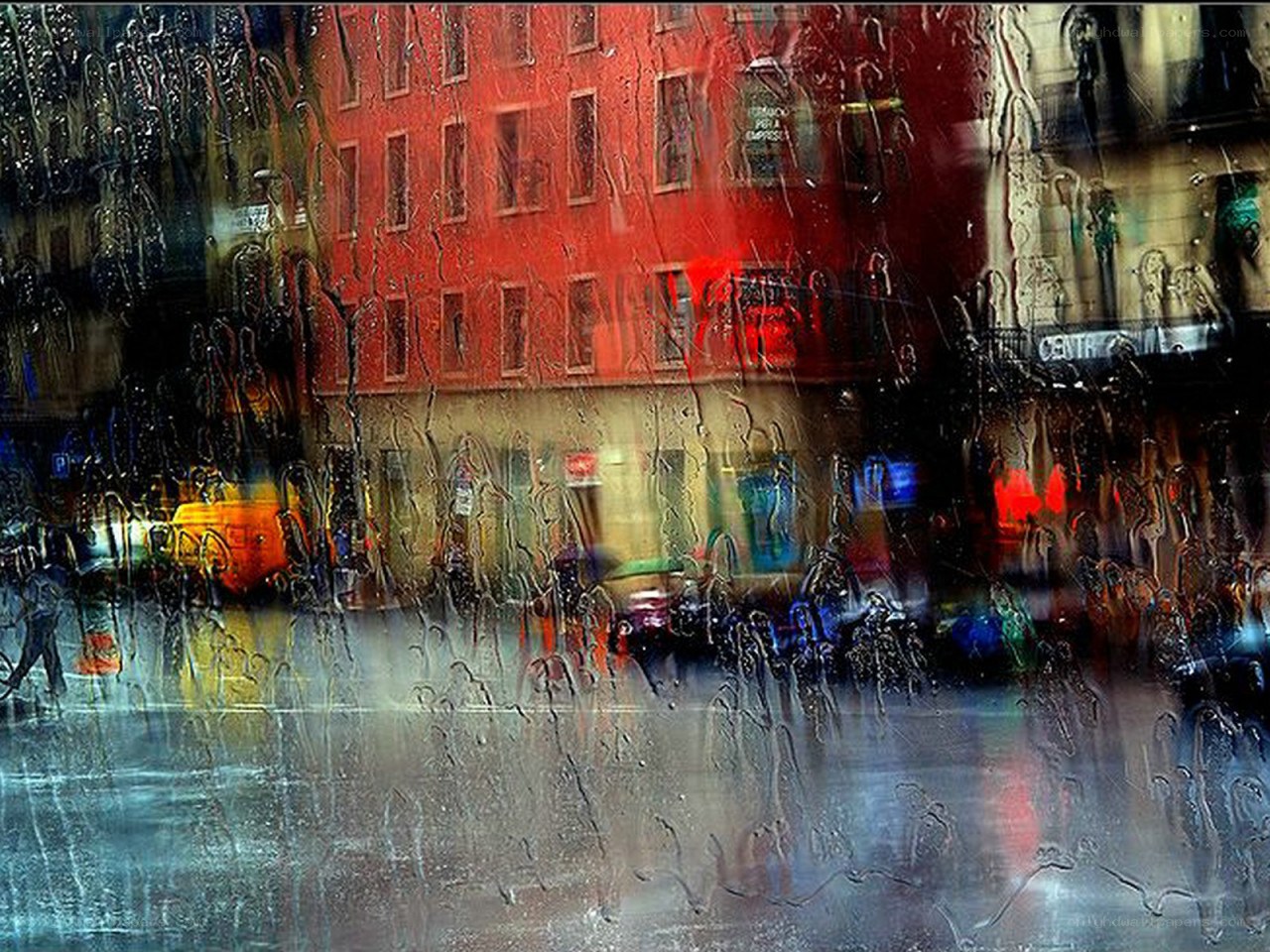 Rainy city street view