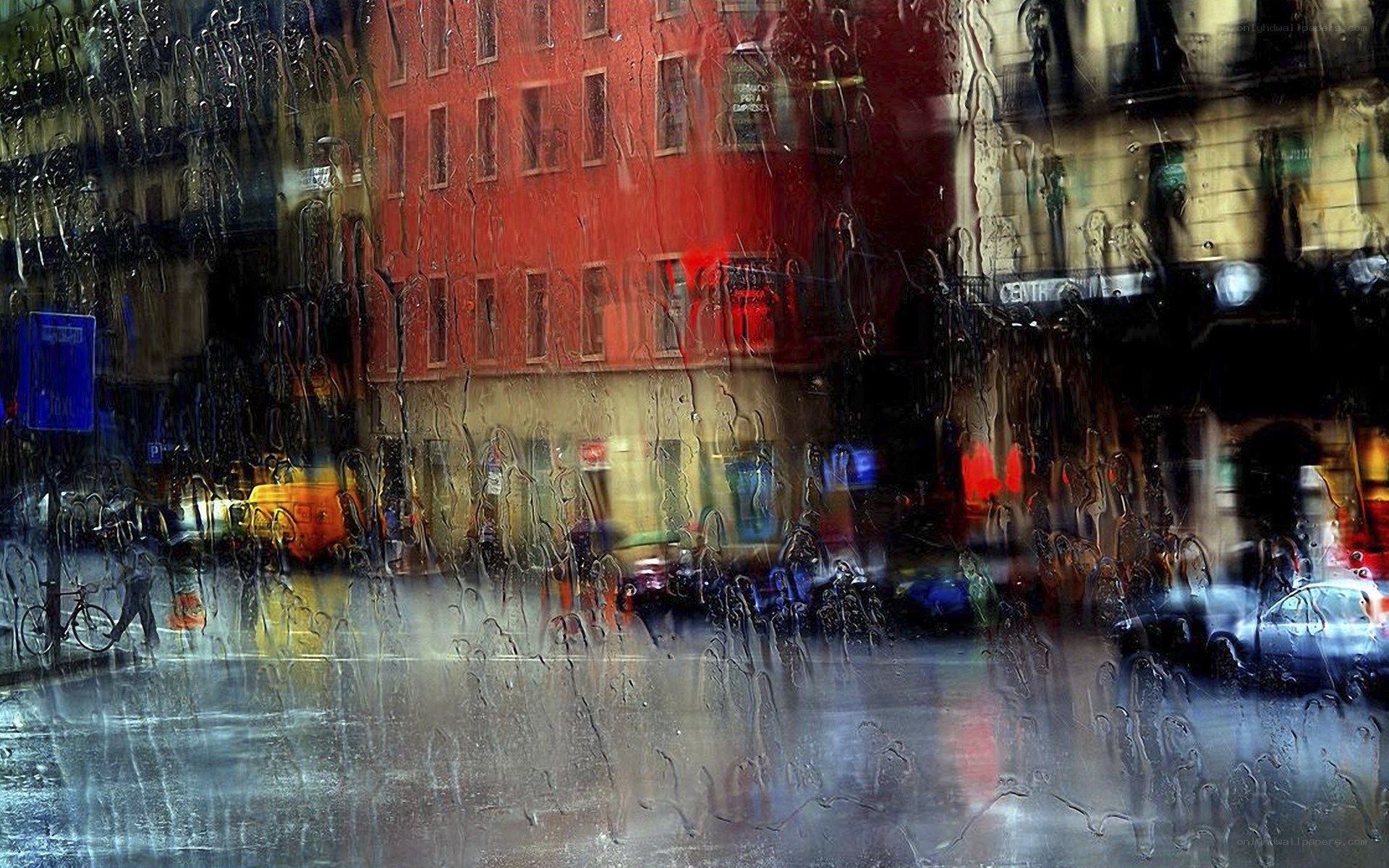 Rainy city street view