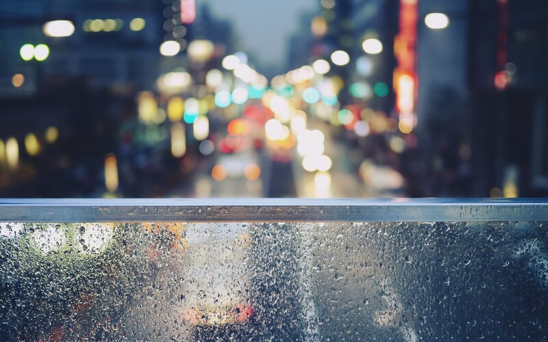 Rainy City Street View — Blue, Moody