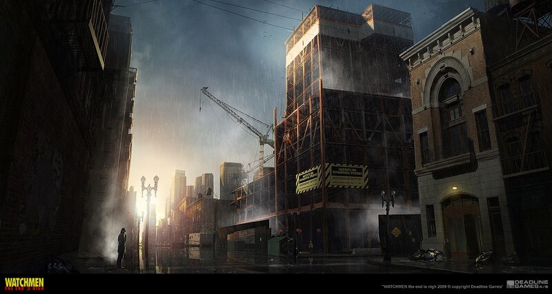 Rainy city street with construction