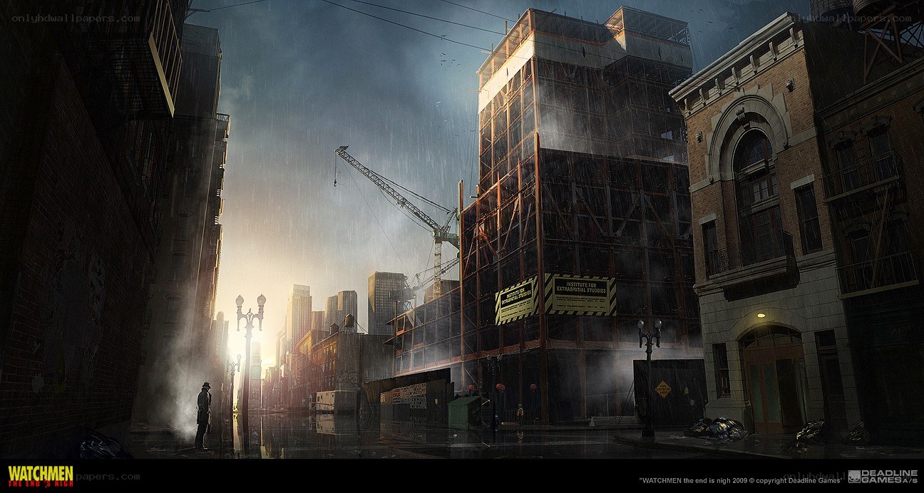Rainy city street with construction