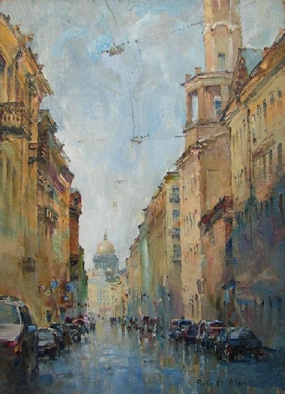 Rainy city street with dome