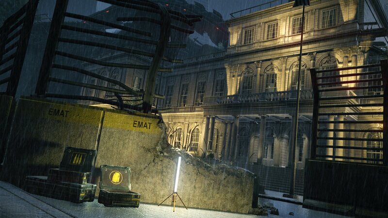 Rainy city street with EMAT crates