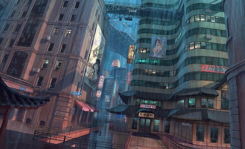 rainy city street with neon signs