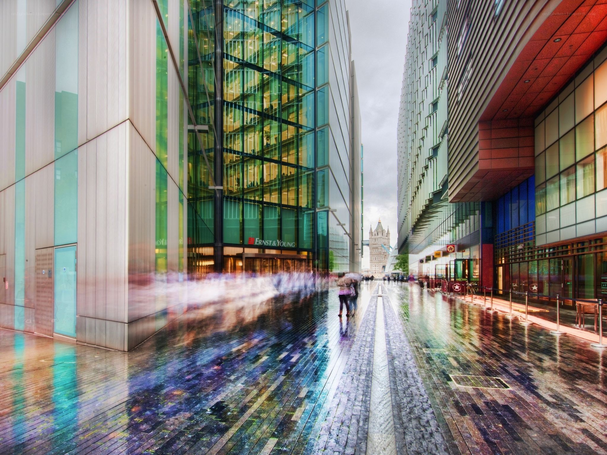 Rainy city street with Tower Bridge