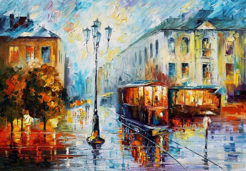 Rainy City Street with Tram