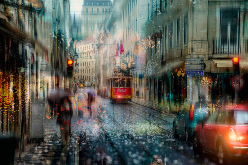 Rainy City Street with Tram — Red