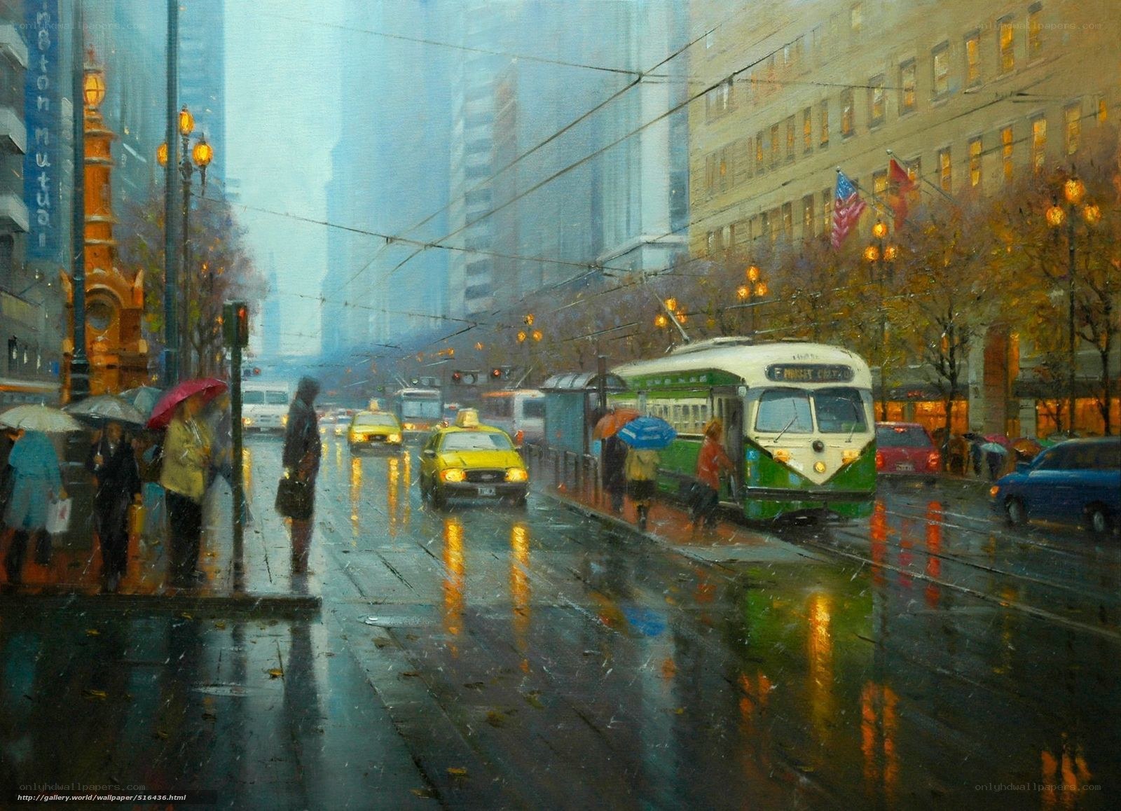 Rainy City Street with Tram
