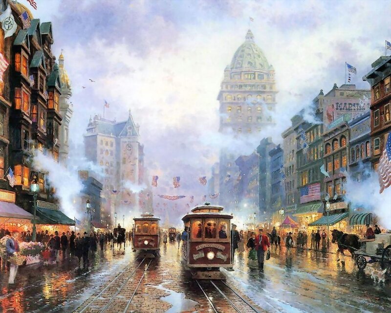 Rainy city street with trolleys