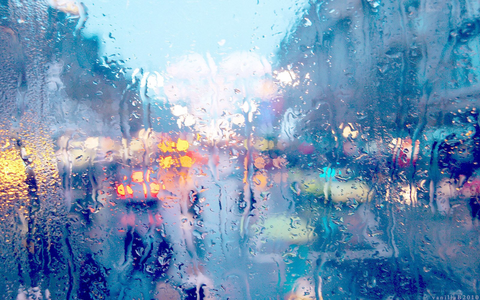Rainy city view from car window