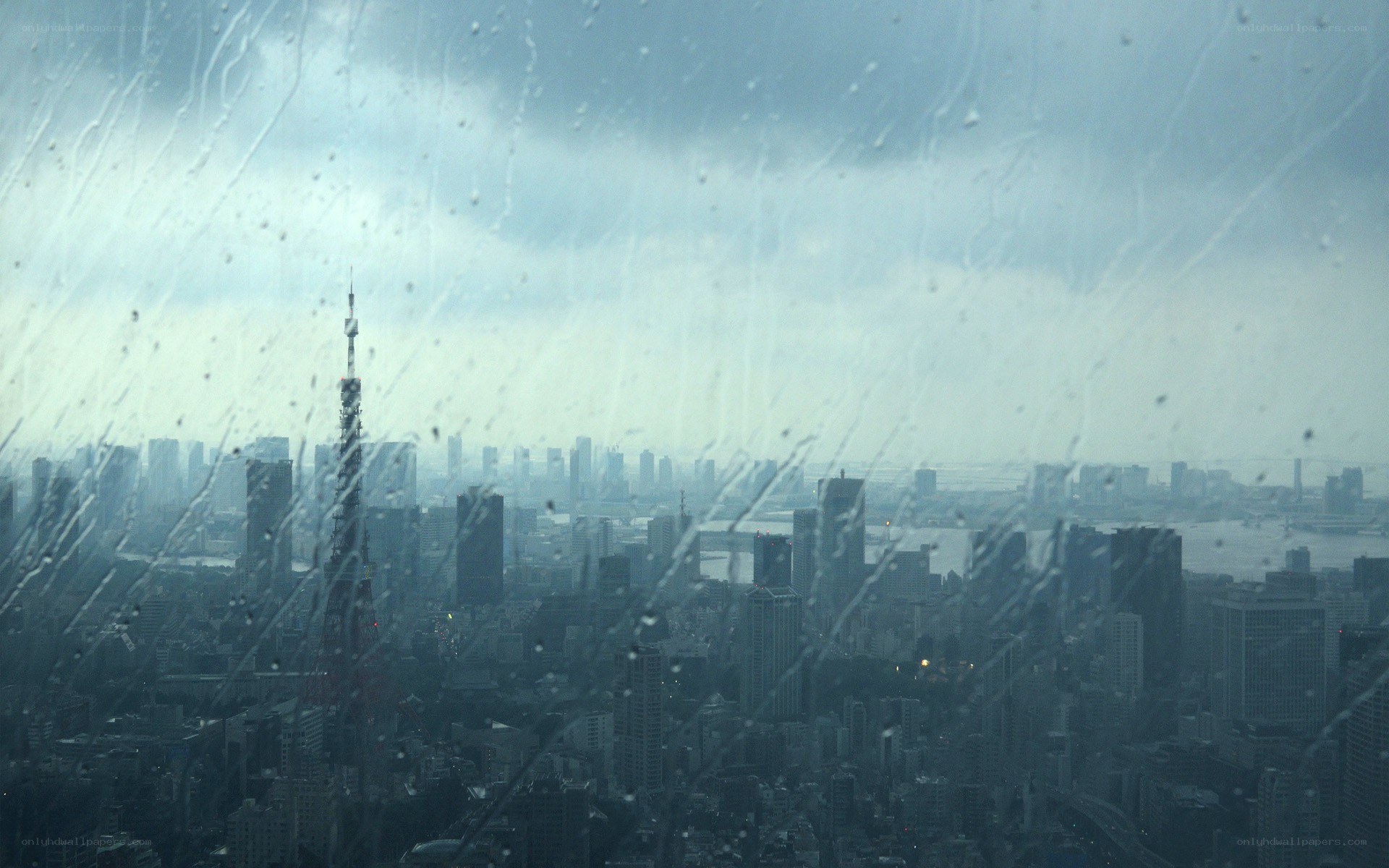 rainy city view from window