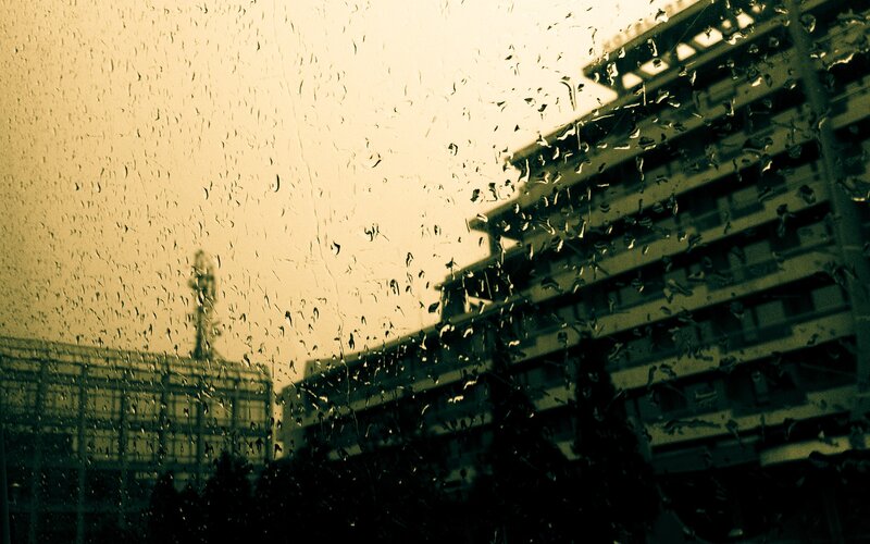 Rainy city view from window