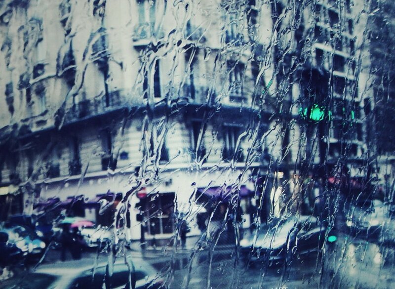 Rainy city view from window