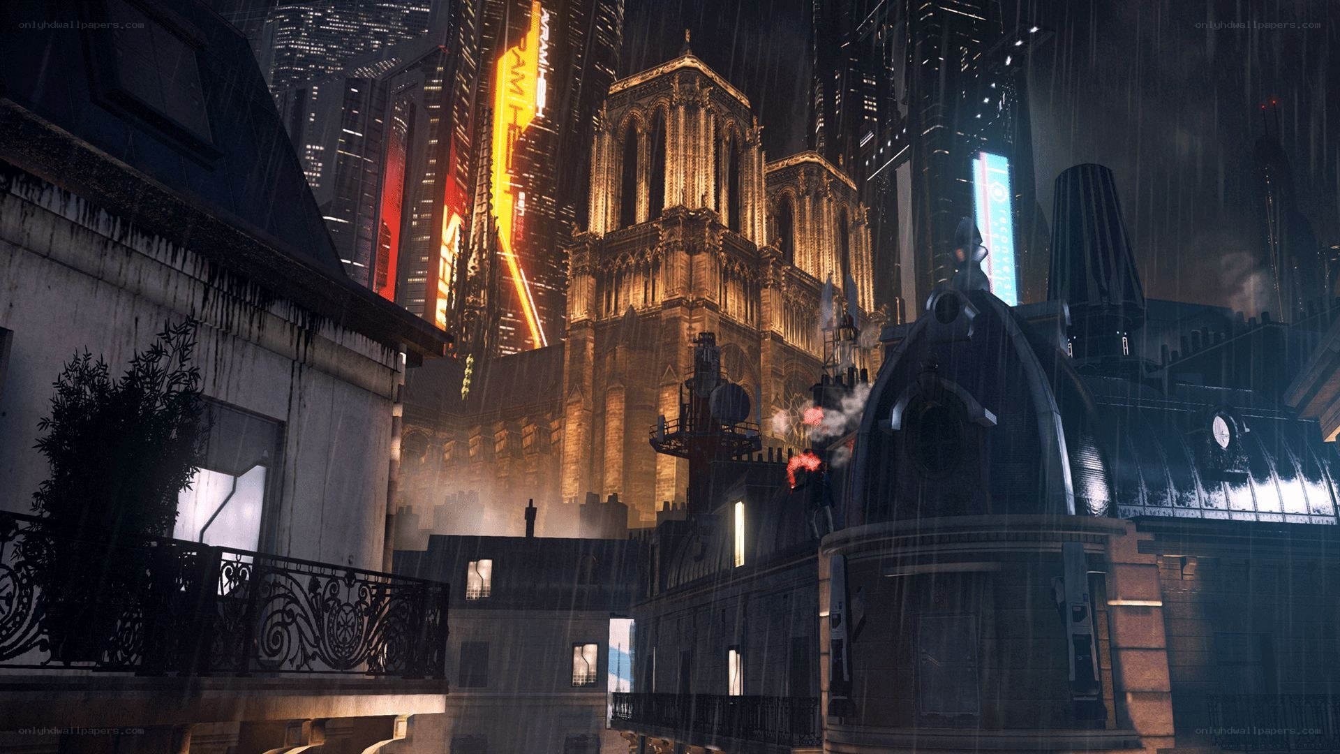 rainy city with cathedral