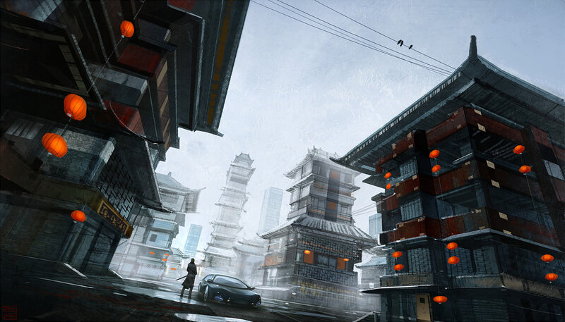 rainy city with lanterns