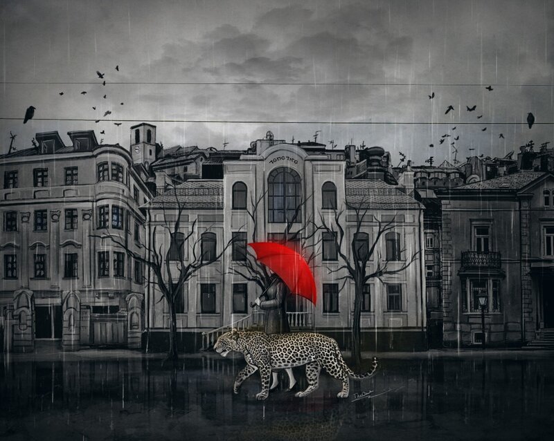 Rainy city with leopard