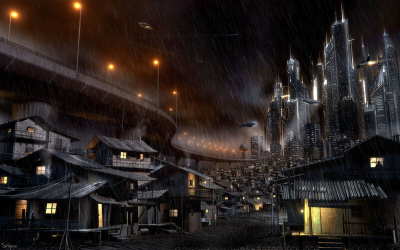 Rainy cityscape at night