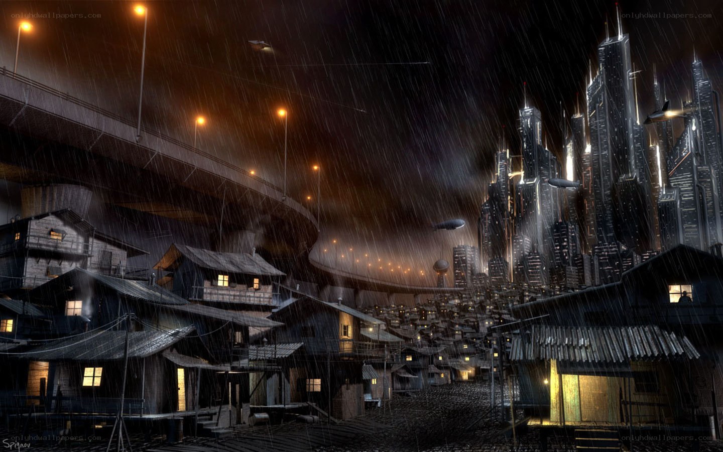Rainy cityscape at night