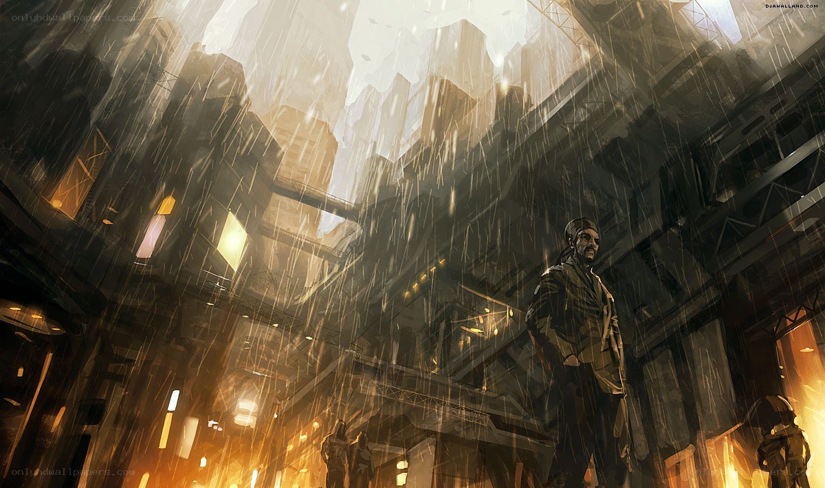 rainy cityscape with man