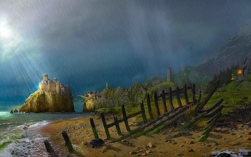 Rainy coastal fortress scene