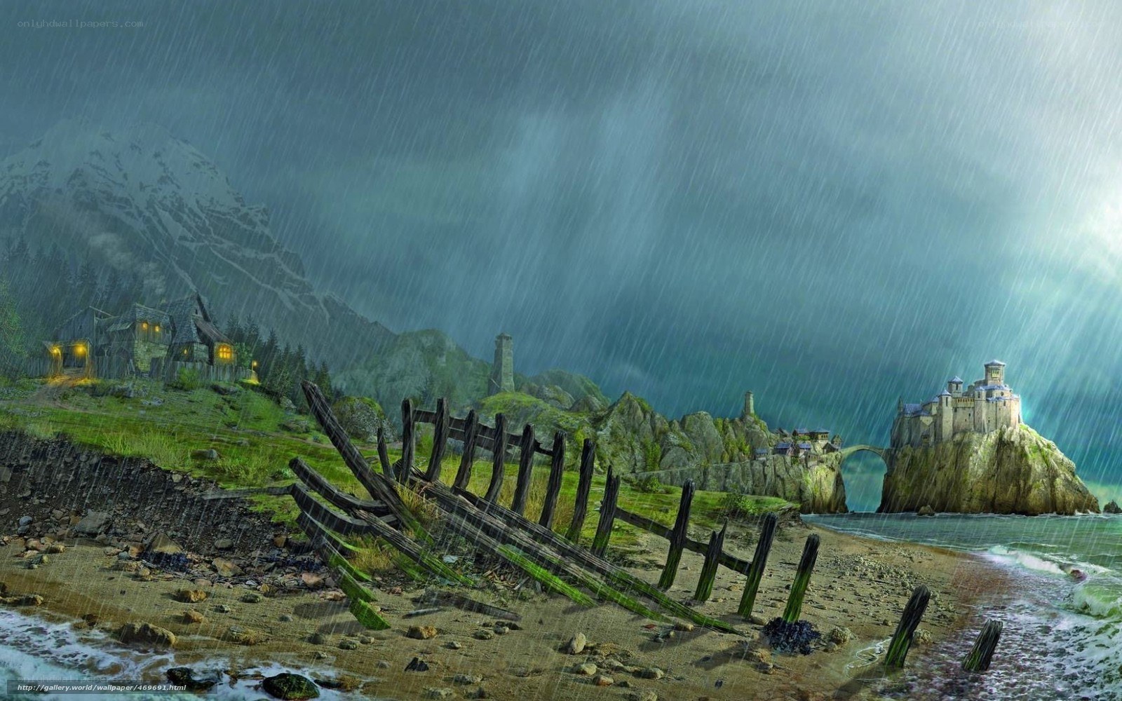 Rainy coastal village scene