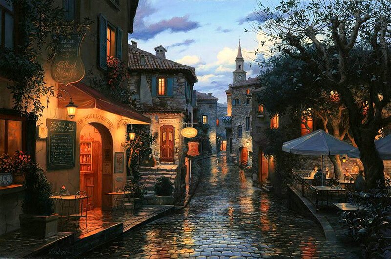 Rainy Cobblestone Street — Blue