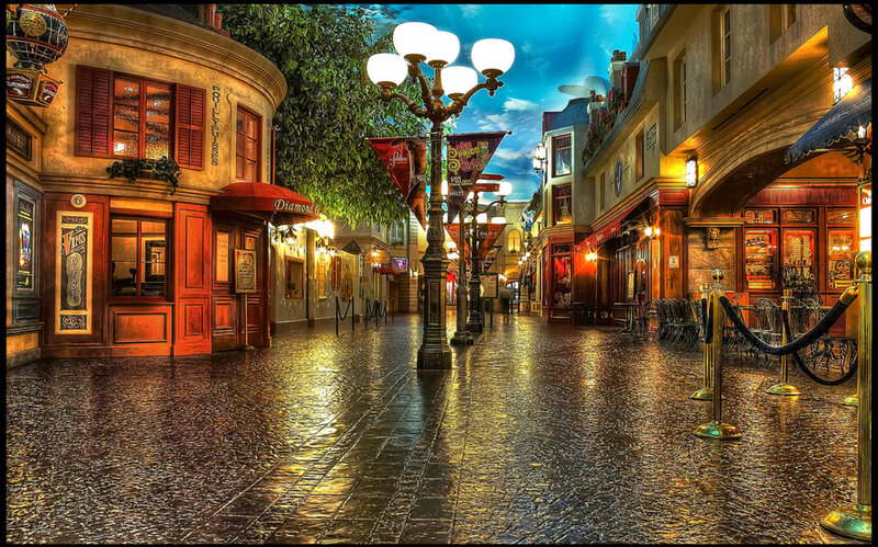 Rainy Cobblestone Street