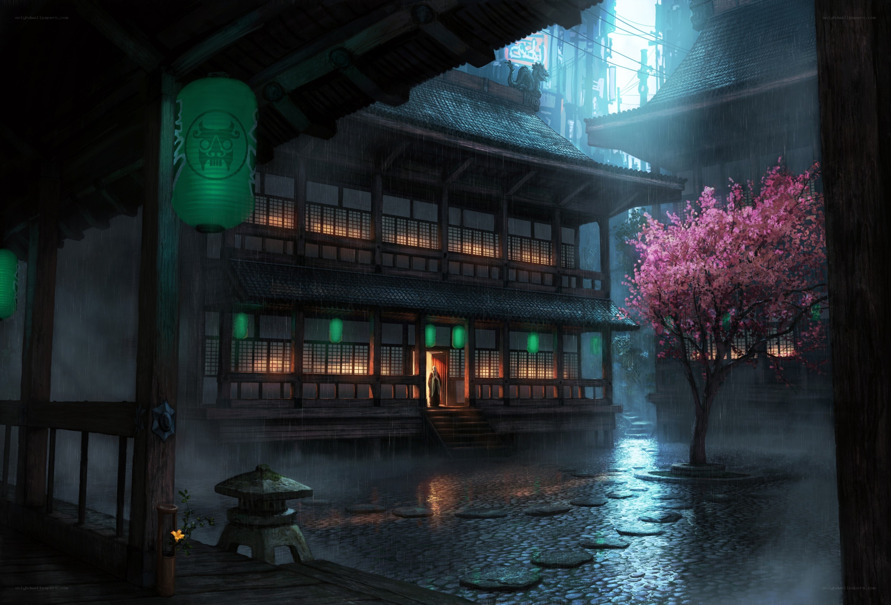 Rainy courtyard at night