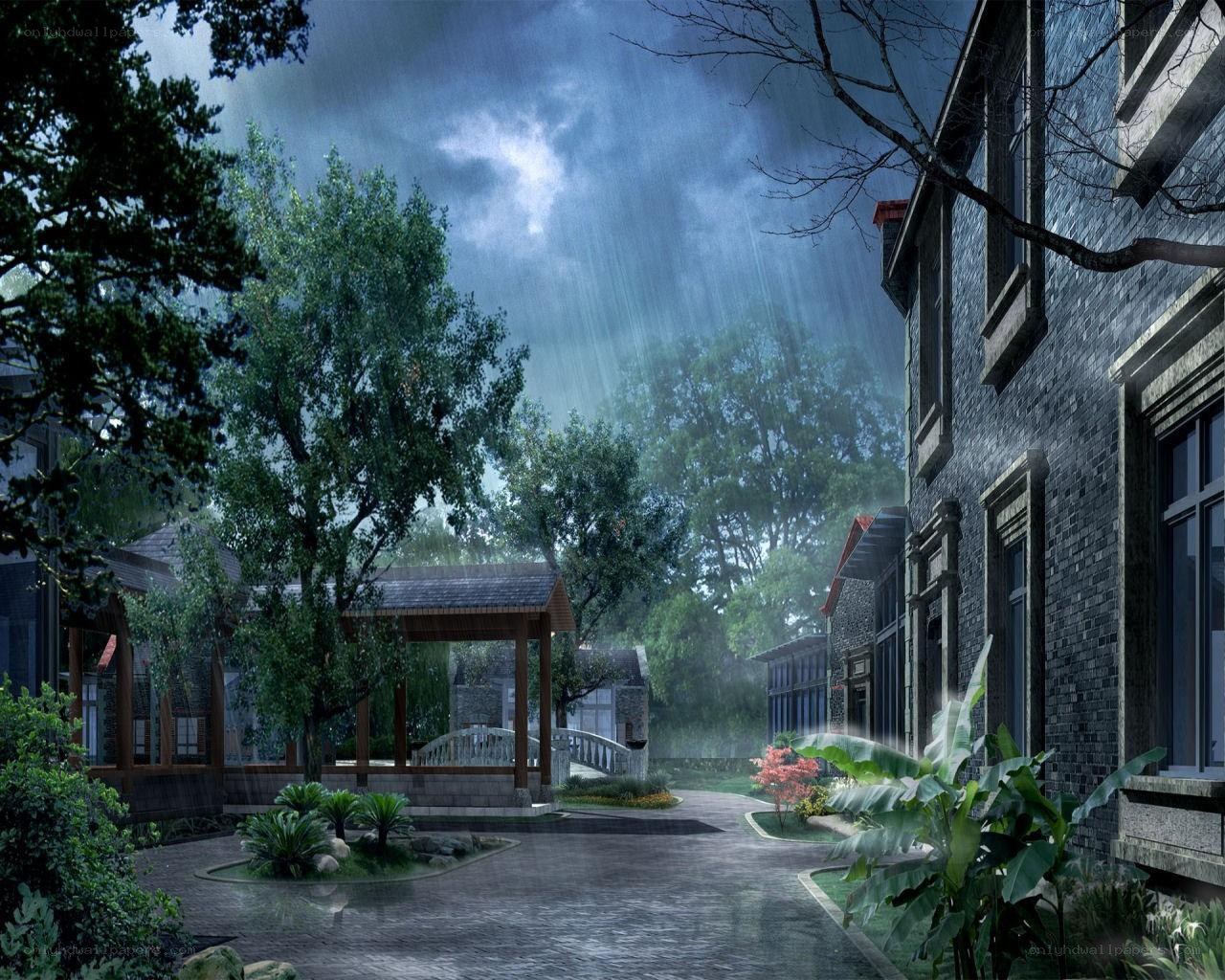 Rainy courtyard at night
