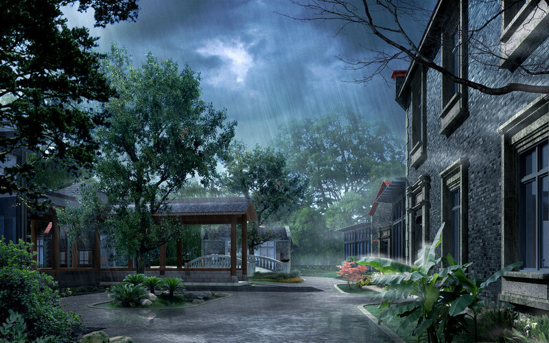 Rainy Courtyard at Night — Gray, Dramatic