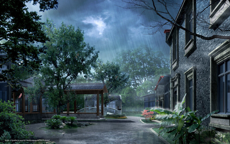 Rainy courtyard at night